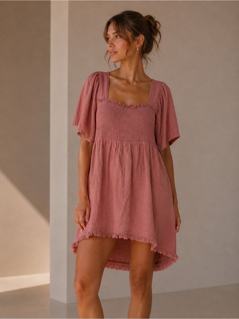 Umgee Dusty Rose Linen Smocked High-Low Babydoll Raw Hem  Dress Size Small